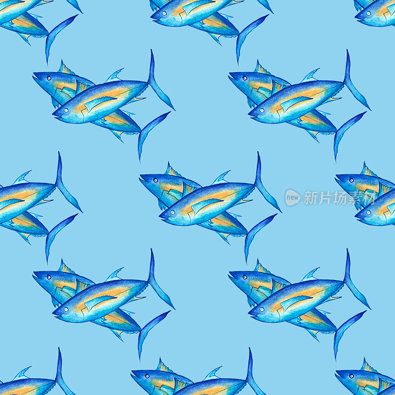 蓝色的金枪鱼。无缝模式。源Omega - 3。水彩插图。用于壁纸，织物，菜单的设计。